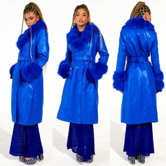 💥SMOCKING HOT!💥Penny Lane Faux Fox Fur Trim Belted Coat in Royal Blue - Picture 1 of 13